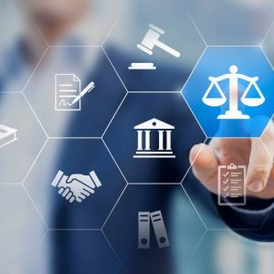 Image of legal icons with person in background (Canva Pro)