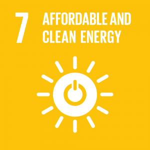 Goal 7: Affordable and clean energy symbol  (a white sun with a power switch against a yellow background)